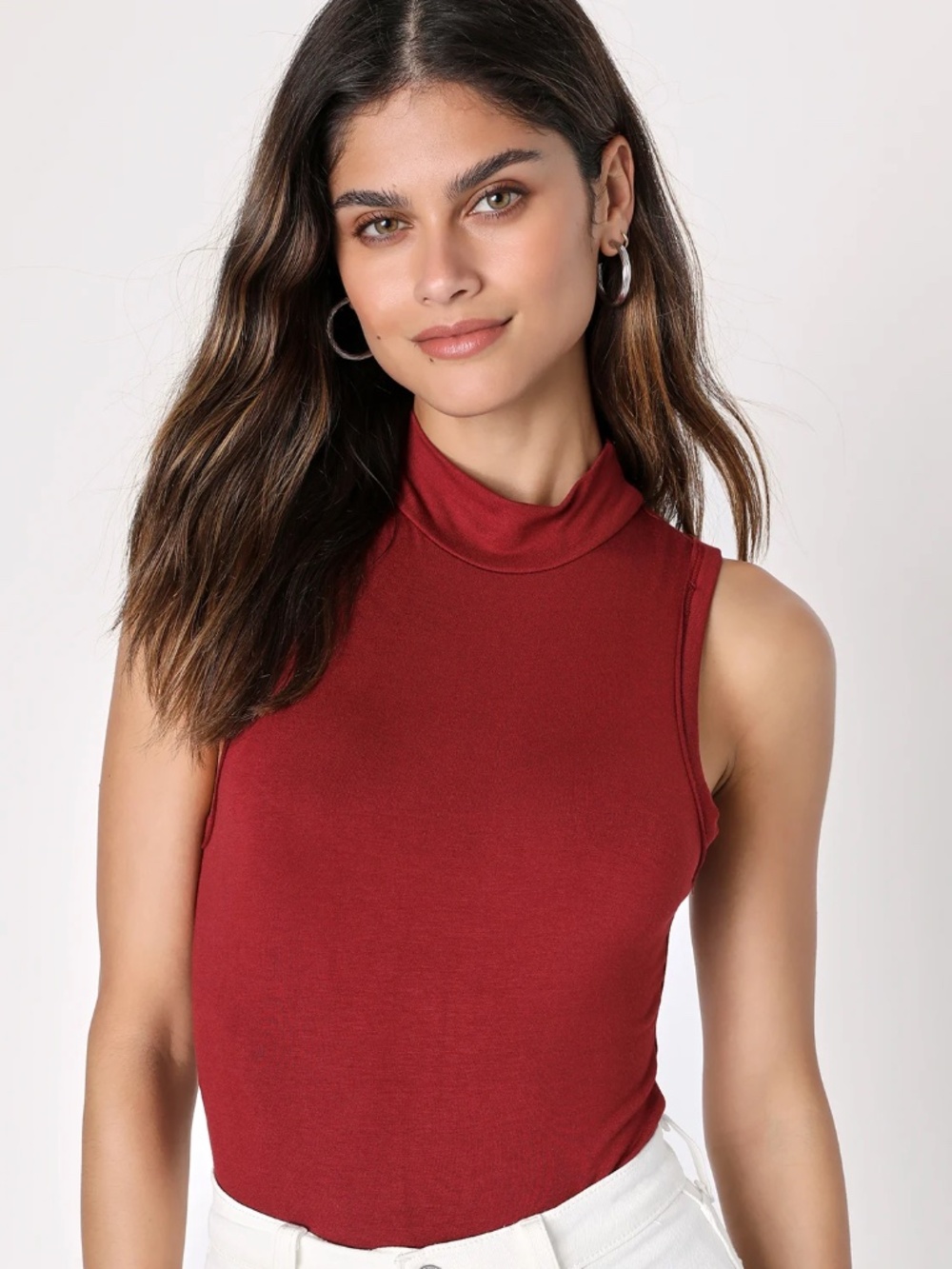 Lulus Easy Success Burgundy Mock Neck Bodysuit: XS